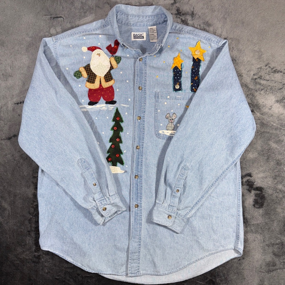 Basic Editions women Large Christmas Santa Denim Button Down‎ Shirt Light Wash